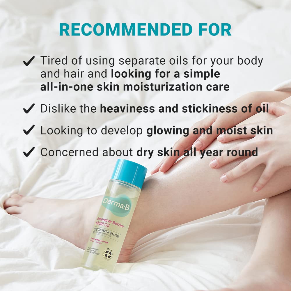 Derma B | Intensive Barrier Multi Body Oil | Moisturizing Non-Sticky Multi-Use Oil After Shower | 10 Botanical Skin Oil for Sensitive Skin | Korean Body Oils for Women & Men | 4.56 fl oz (135ml)