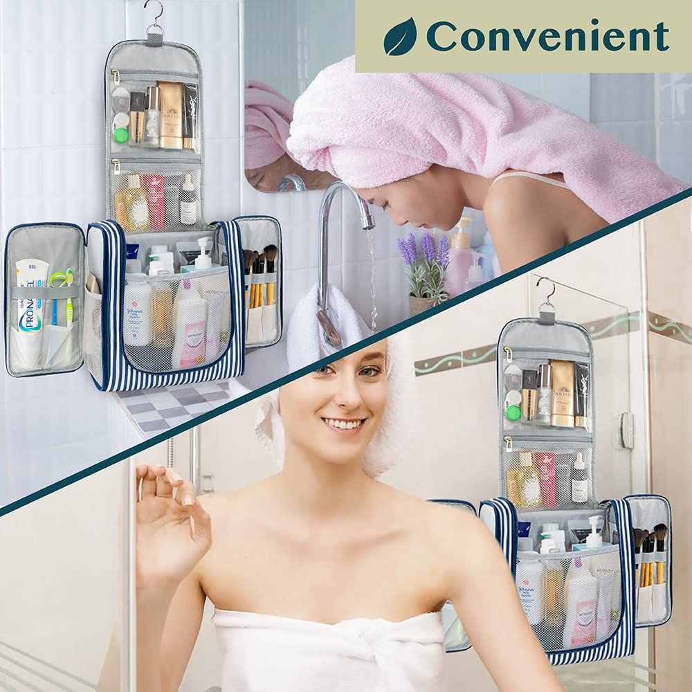 PAVILIA Extra Large Toiletry Bag Travel Bag for Women Men, Hanging Cosmetic Organizer, Water Resistant Makeup Bag for Accessories Toiletries, Travel Essentials Kit (Stripe Navy)