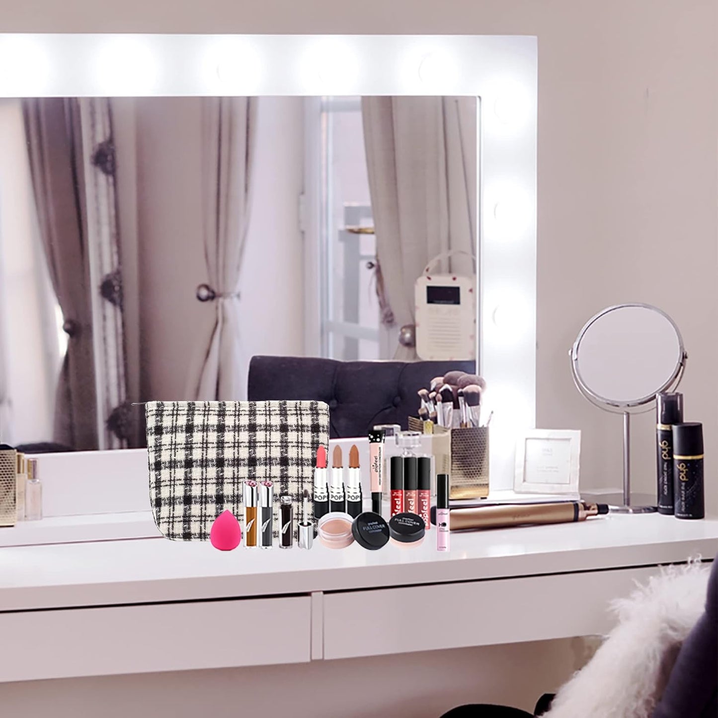 Makeup Bags for Purse Zipper Cosmetic Pouch Large Travel Canvas Make Up Organizer Tool Pouch for Women and Girls,Plaid Black