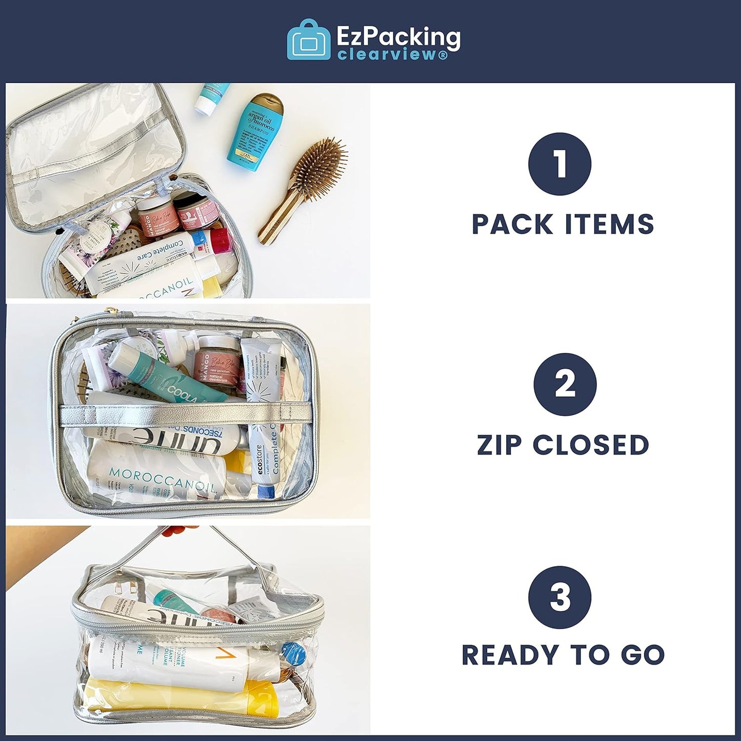 Large Cosmetic Bag for Women / Clear, See-Through Makeup, Hair & Nail Accessories Pouch for Travel or Home / Transparent PVC Plastic Organizer, Spacious Interior, Handle & Double Zippers (Silver)