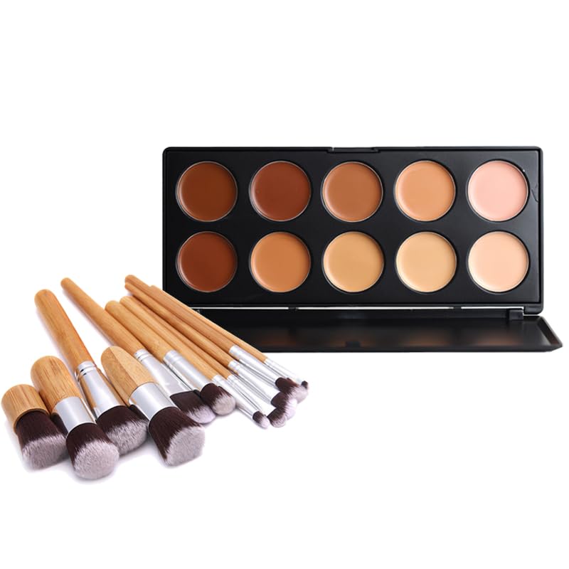 10 Shade Creamy Concealer Kit with Makeup Brush Set, 3 In 1 Professional Cream Concealer, Contour, Foundation, Color Corrector for Diminishes Appearance Dark Circles & Softens Fine Lines
