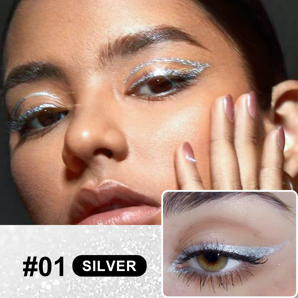 2PCS Metallic Glitter Colored Liquid Eyeliner Pens Set04 – Waterproof Mark Silver White or Gold Long-Lasting Sparkly Eye Makeup – Tattoo-Effect Ink Liners for Women & Men,Delineador Líquido con Brillo