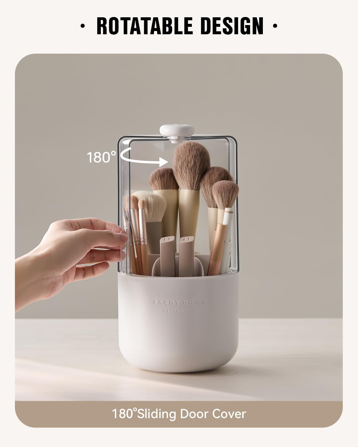 EACHY Makeup Brush Holder 360° Rotating with Dustproof Lid, Waterproof Material, 7 Compartments for Organized Storage, Stylish and Durable Design for Vanity (White)