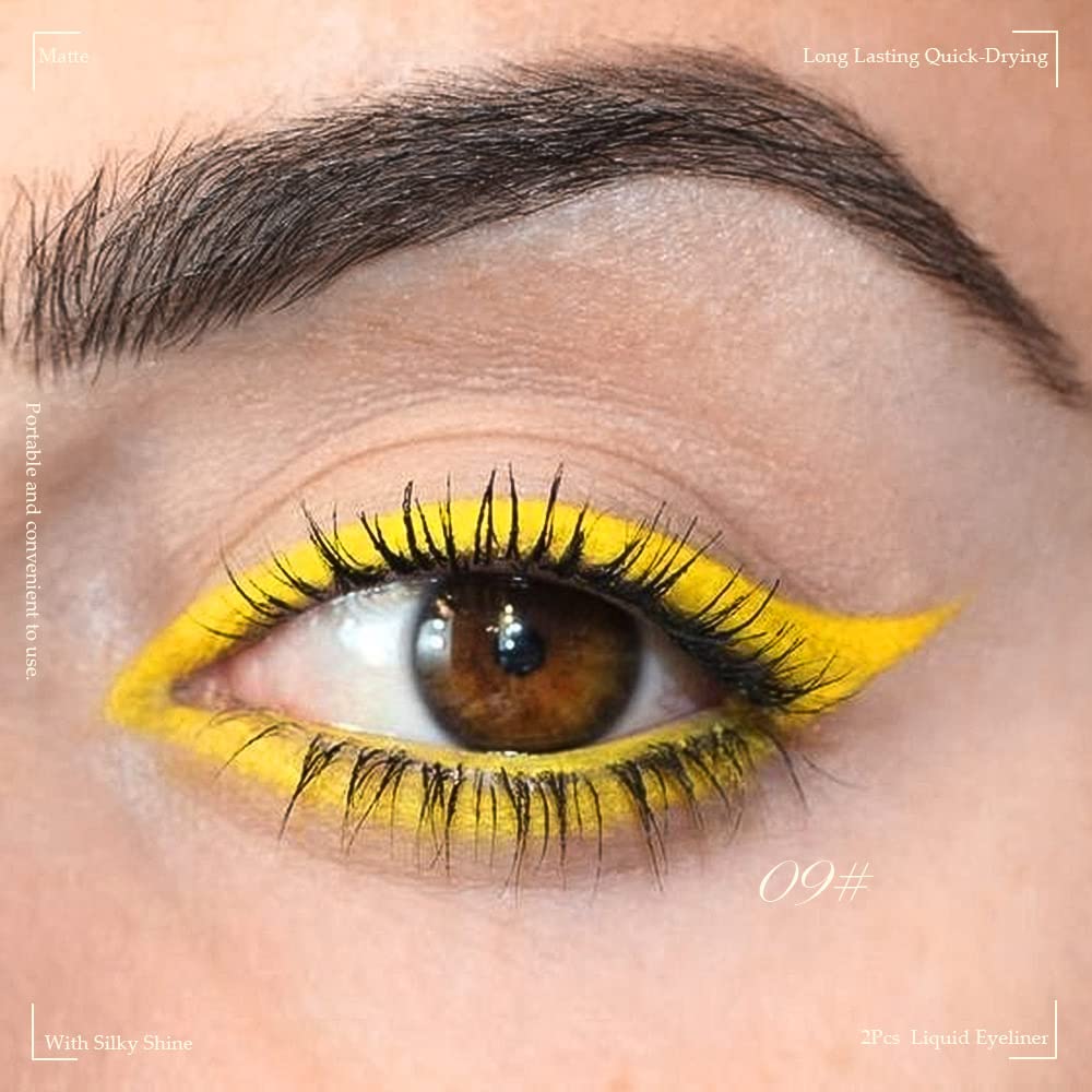evpct 2Pcs Orange Yellow Liquid Eyeliner Set Waterproof Neon Orange Yellow Eye Liners Liquid for Women Stamps Shapes for Eyes delineadores de colores para ojos delineador de ojos contra el agua 07&09