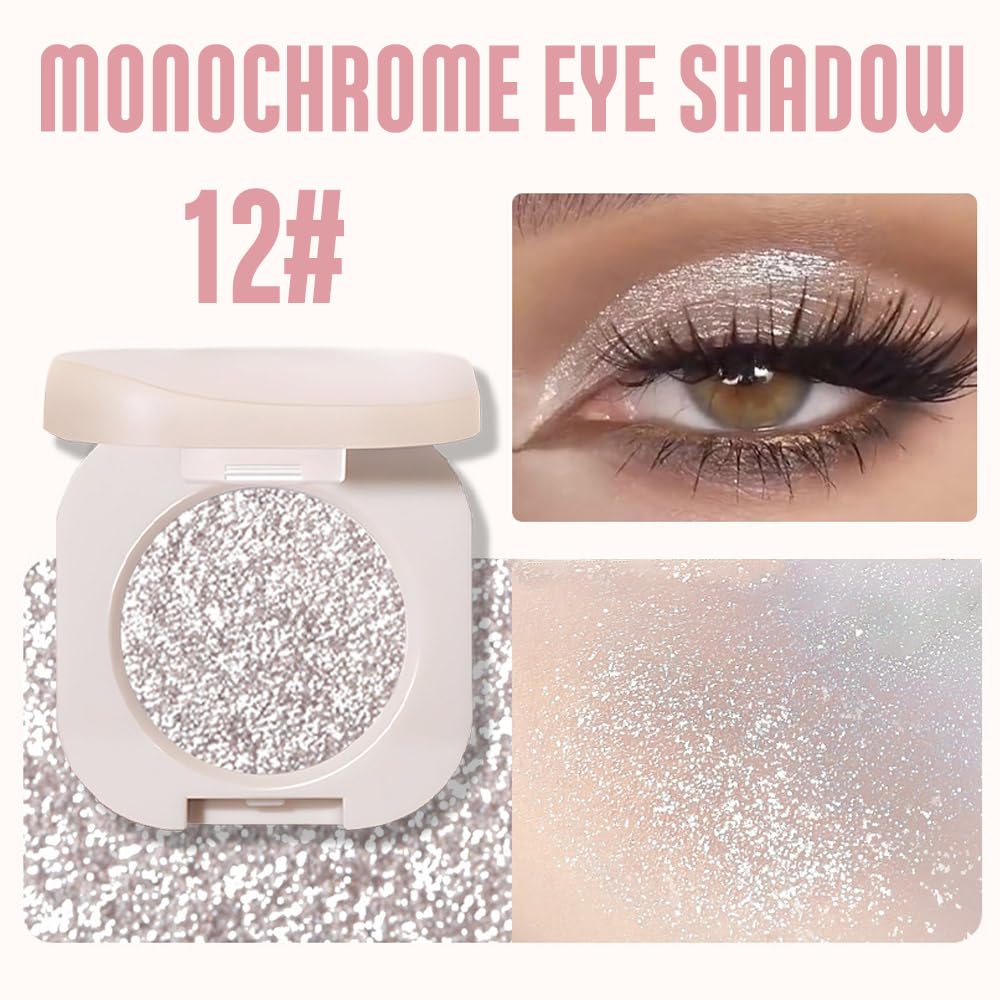 Monochrome Glittler Shimmer Eyeshadow Palette,Silver Gray White Shimmer Powder Eyeshadow,24 Hour Waterproof Pressed Glitter Single Eye Shadow Apply Makeup Easily