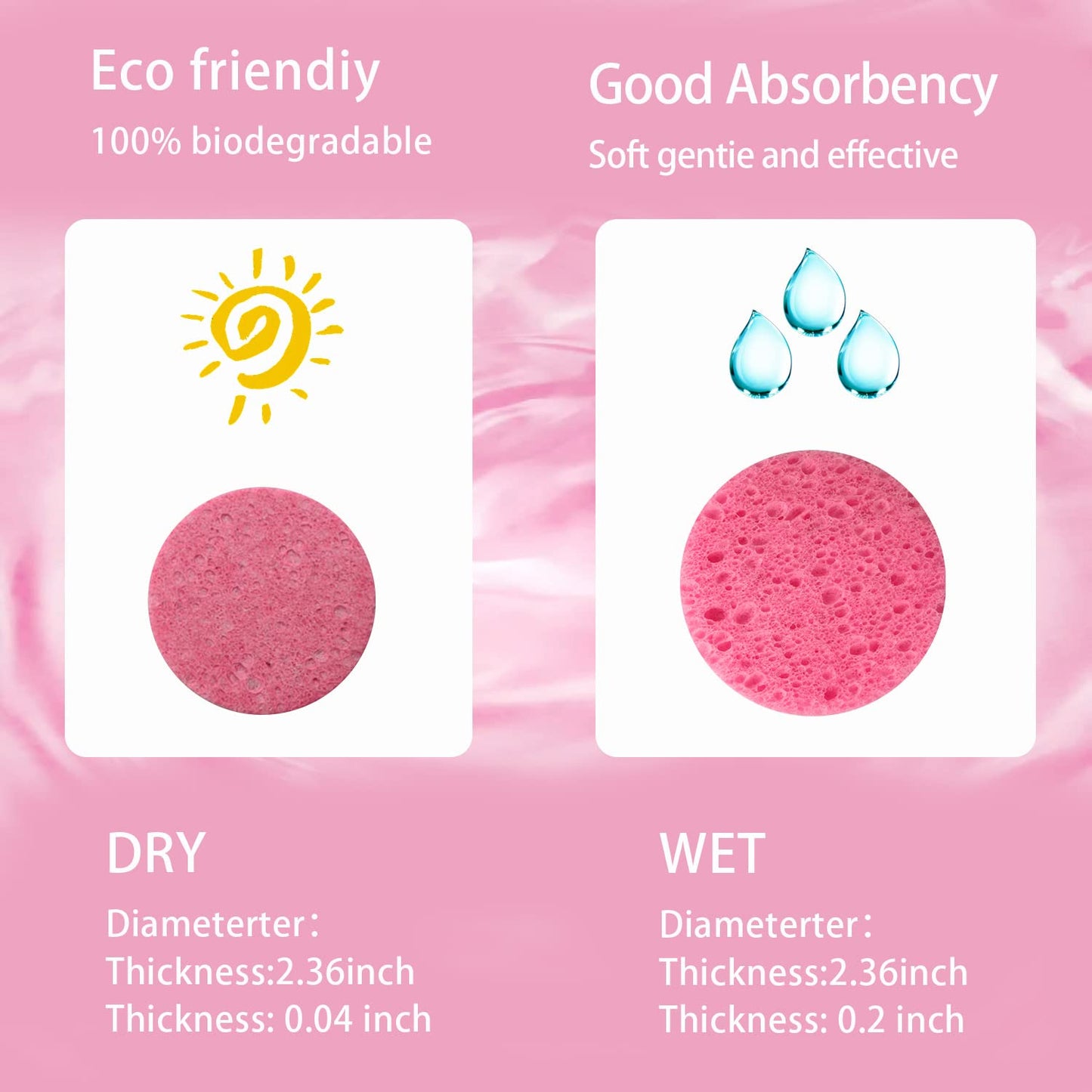 100-Count Facial Sponges Compressed Natural Cellulose Sponge Round Shape Face Sponge for Face Cleansing Exfoliating and Makeup Removal, Pink