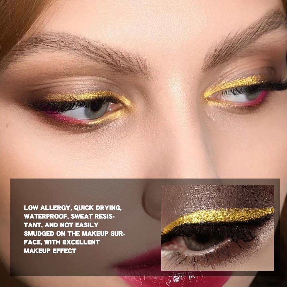 evpct 1Pcs Gold Liquid Eyeliner Makeup, Gold Glitter Metallic Shimmer Colored Eyeliner Liquid Eye Liner Eyeshadow Pencil Face Body Glitter Makeup, Longwear Waterproof, Fake Eyelashe Mascara Accessorie