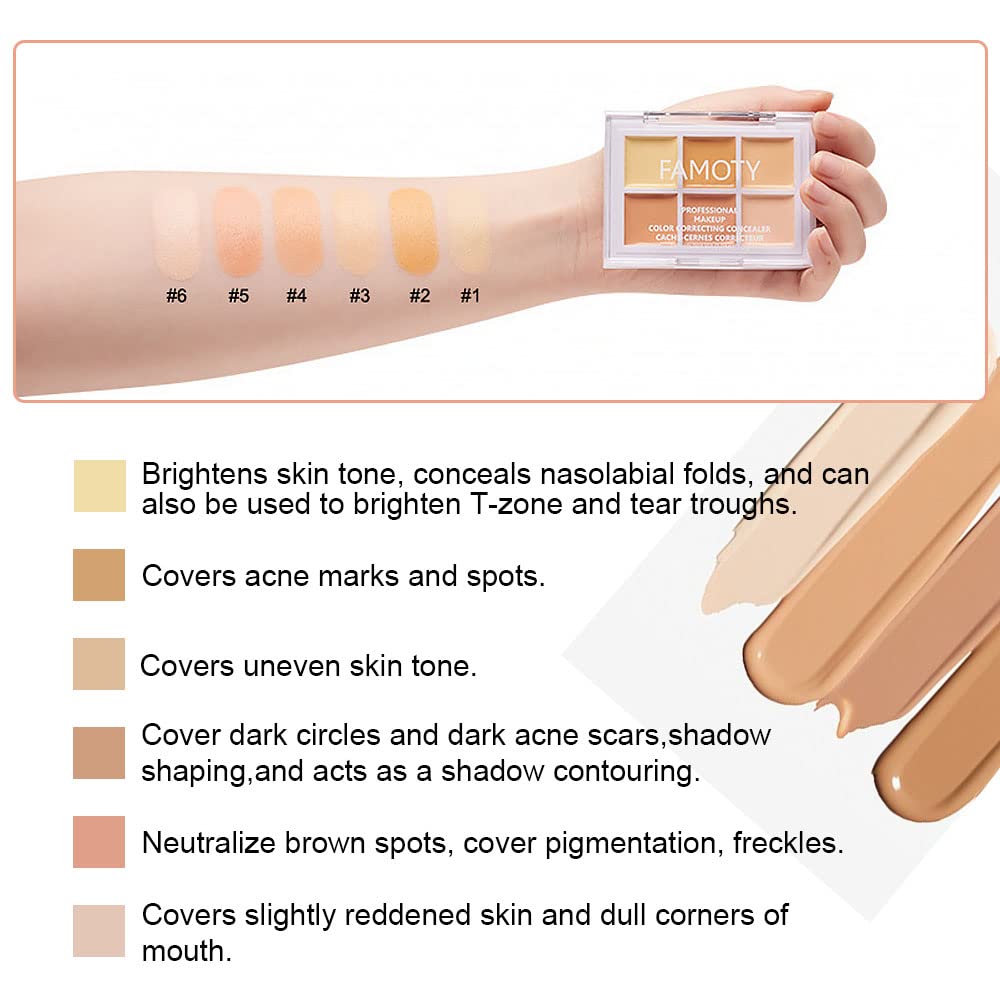 6 Color Correcting Concealer Palette With Concealer Brush, Tattoo Concealer, Cream Contouring Makeup Kit, Corrects Dark Circles Red Marks Scars Light Mediumor creamy concealer A2