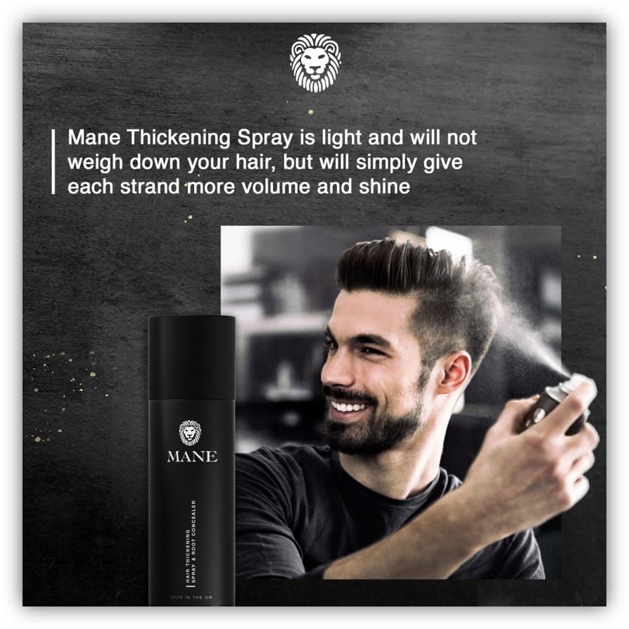 MANE Hair Thickening Spray & Root Touch Up, Instantly Thicker Hair for Men & Women, Fill in Hairlines and Hide Thinning and Fine Patches - Jet Black, 12 Colors (6.76 oz)