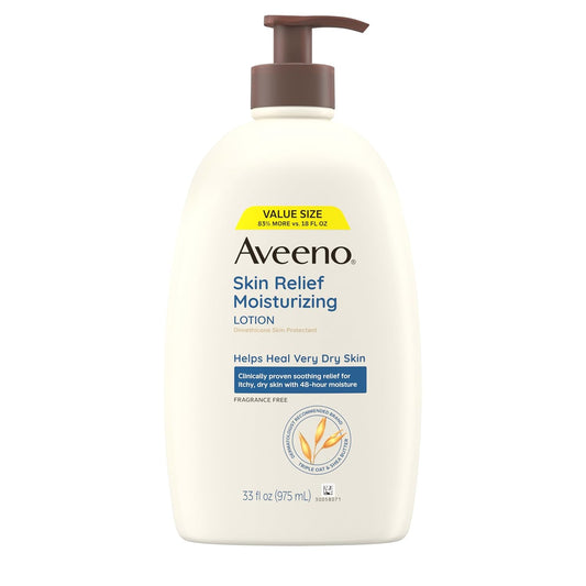 Aveeno Skin Relief Moisturizing Lotion for Very Dry, Itchy, Dry Skin, Body Moisturizer, Soothing Triple Oat & Shea Butter, Fragrance-Free, Non-Greasy, 33 fl oz