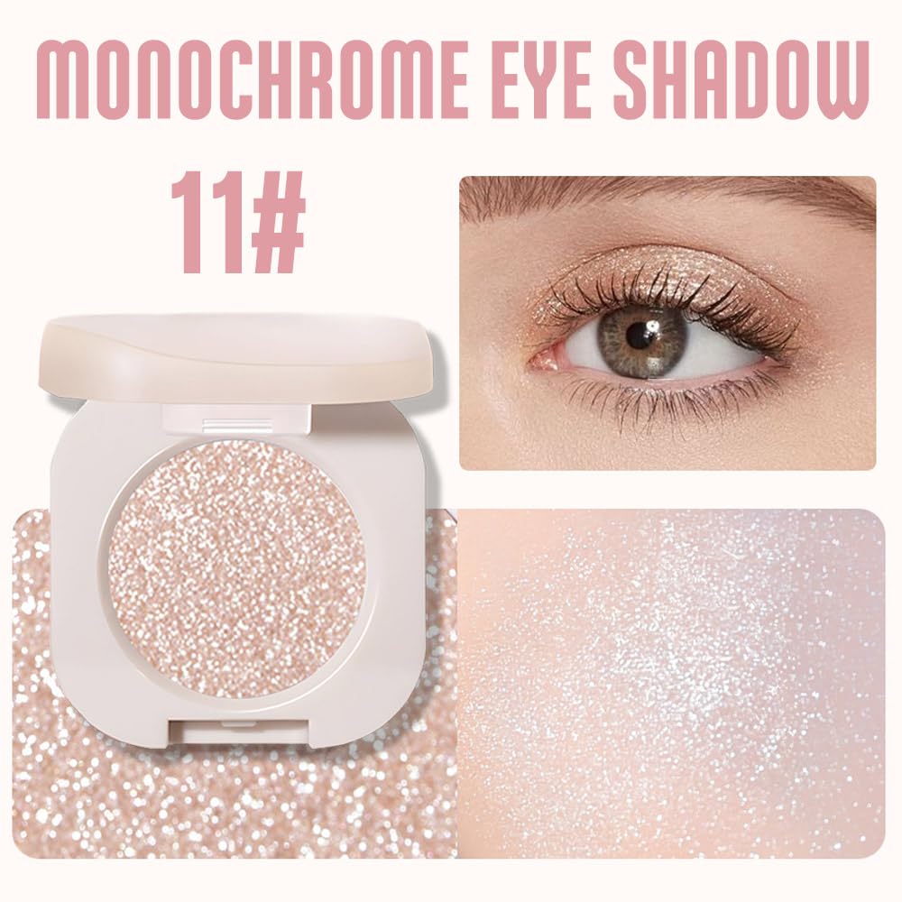 Monochrome Glittler Shimmer Eyeshadow Palette,Light Brown White Shimmer Powder Eyeshadow,24 Hour Waterproof Blendable Pressed Glitter Single Eye Shadow Apply Makeup Easily, Vegan