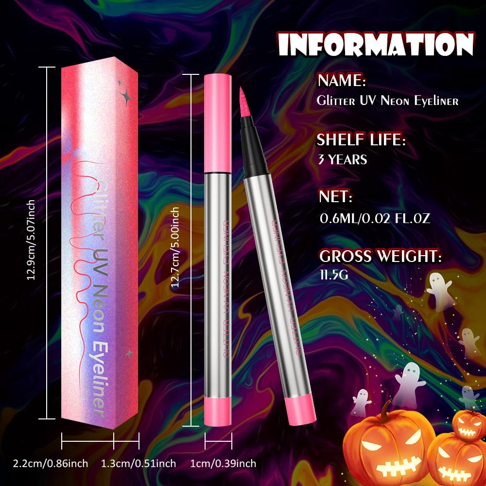 evpct Pink Shimmer Eyeliner UV Neon Gel Eyeliner Pencil Makeup, Rainbow Halloween Colored Colorful Gel Eye Liner Pen Glow in Dark Makeup, Long Lasting Waterproof Eyeliners for Face Body Painting
