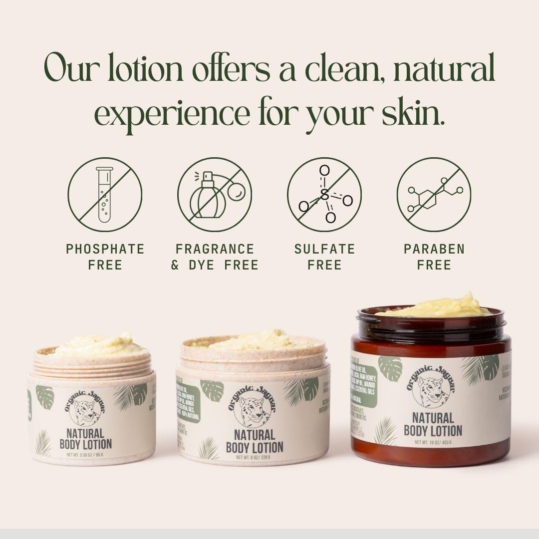 Natural Body Lotion for Sensitive Skin, Scent Free, Sulfate & Paraben Free Body Care, Moisturizer With Essential Oils, Vitamin E Oil, Beeswax, Extra Virgin Olive Oil, Raw Honey, 8 oz