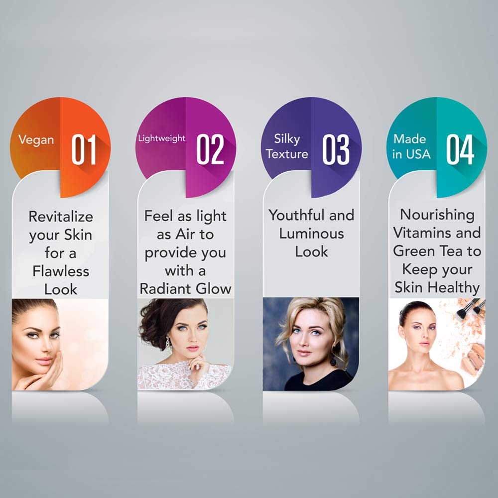 Mineral Face Powder Makeup. Natural Full Coverage Loose Foundation with Vitamin and Green Tea. Made in USA