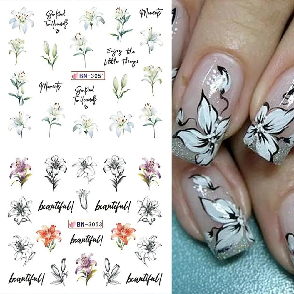 12 Designs Flower Nail Art Stickers - Lily Acrylic Decals for Spring Summer Decorations - Colorful Assorted Floral Water Transfer Slider Foil Sticker for Women