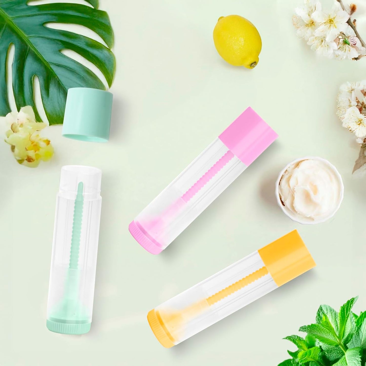 JuLand 50 Pack Empty Lip Balm Containers Bulk 5.5ml - Clear Twist-Up Tubes with Multi-Colored Caps, Refillable Chapstick Tube for DIY Lip Balm Making