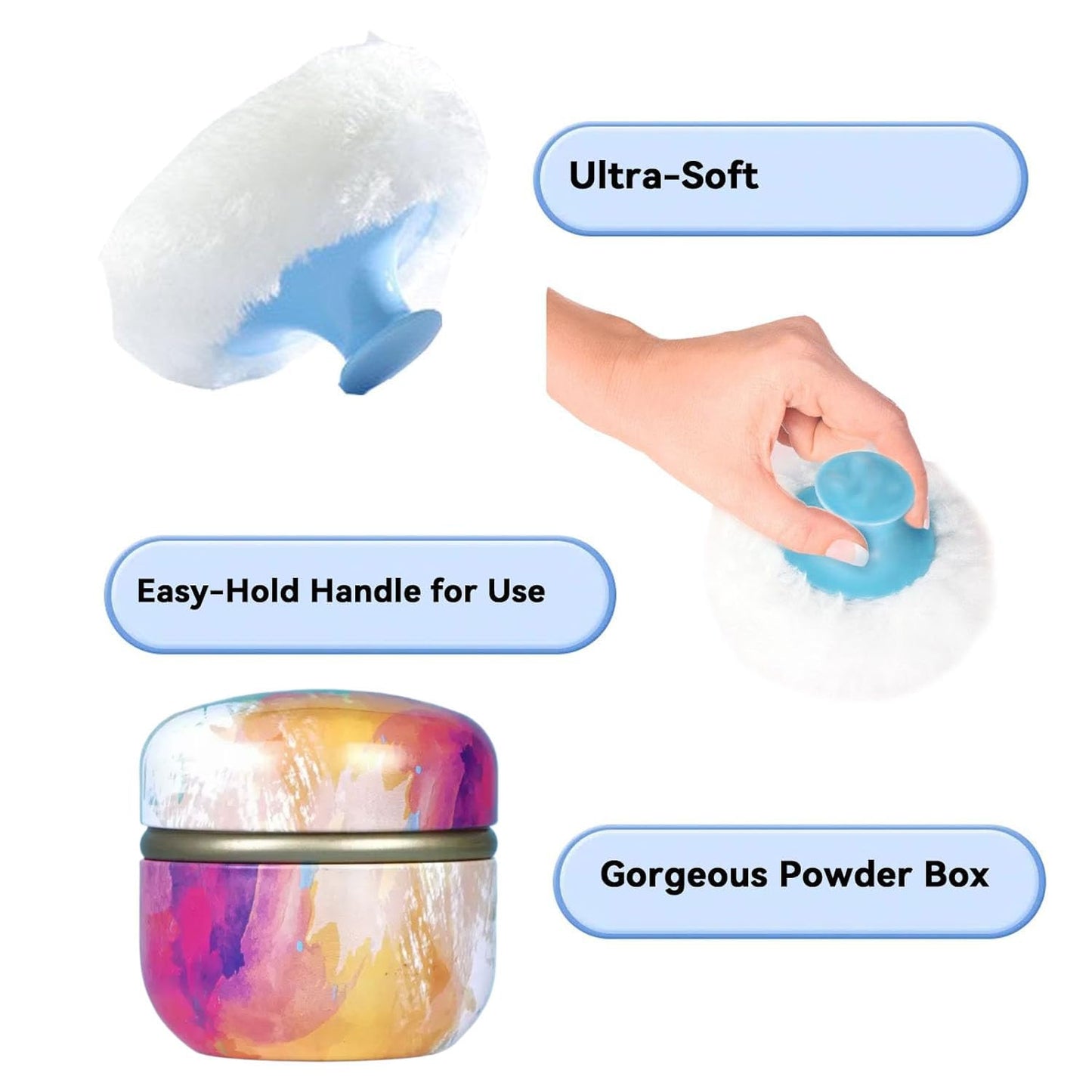 Body Powder Puff and Container, 3.35" Portable Dusting Powder Container with Soft Puff LoosePowder Case Box Jar with Lids for Baby Women Home and Travel Use