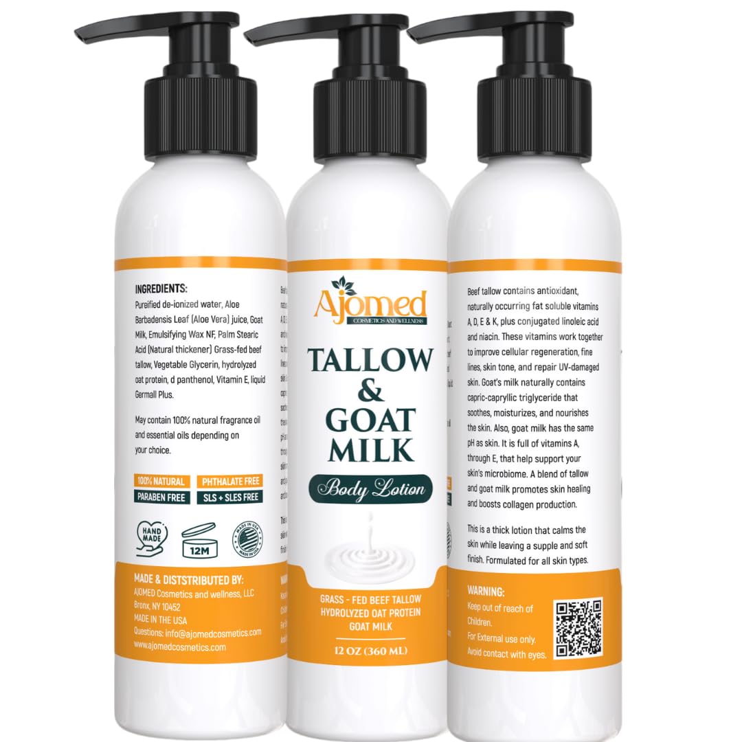 Grass Fed Beef Tallow & Goat Milk Body Lotion for Sensitive Skin, Organic Tallow Lotion - Soothes Dry Patches, Goat Milk Moisturizer - Handmade Tallow Body Lotion (Oatmeal & Honey, 8 Oz)