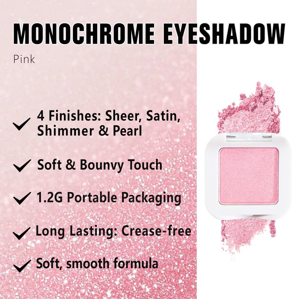 Pink Shimmer Single Eyeshadow Palette - Mini Eye Shadow in Pink | Shimmer & Glitter Makeup for Women | Highly Pigmented, Blendable Monochrome Powder Eye Shadow | Girls Eyeshadow Palette Gift