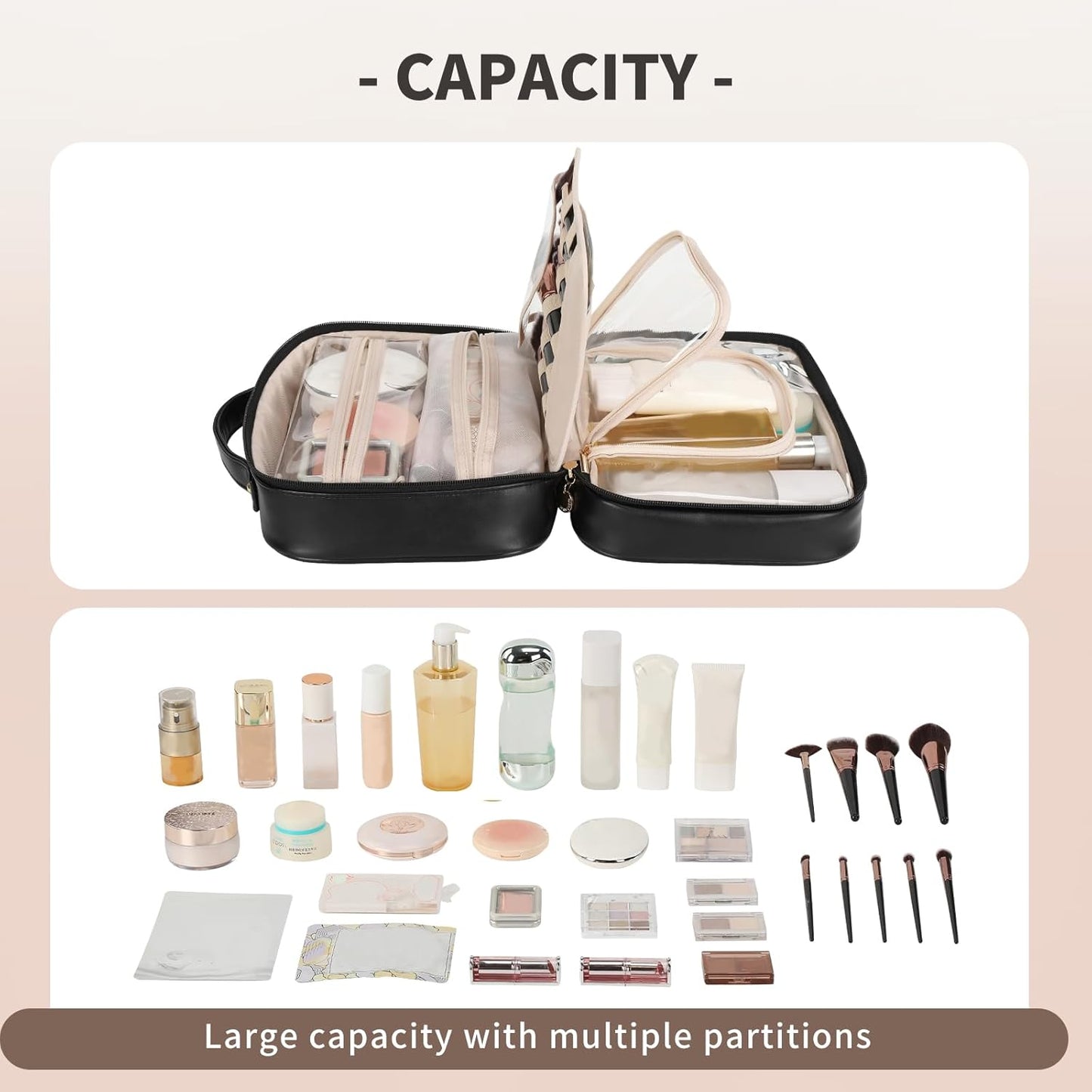 RIGHT AWAY Travel Toiletry Bag for Women, Makeup Bag& Cases, Waterproof Makeup Organizer Cosmetic Bag with Compartments,Portable Make Up Bag for Travel Size Toiletries,Skincare,Brushes Set,Black