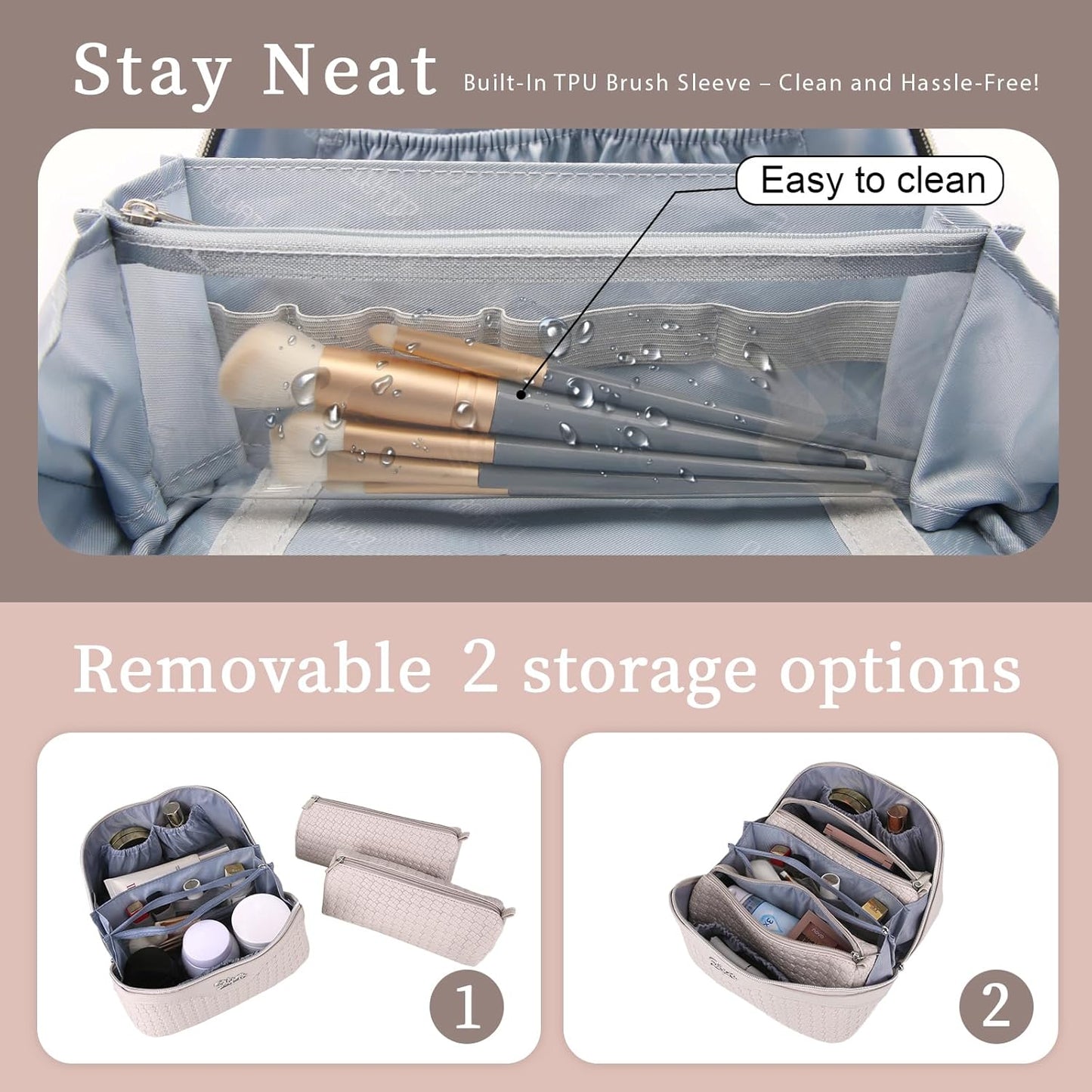 BOYATU Travel Makeup Bags for Women: Large Makeup Organizer - 3 Pcs Make up Bags Set - Vegan Leather Cosmetic Bag with Protable Handle & Divider (L18 Beige)