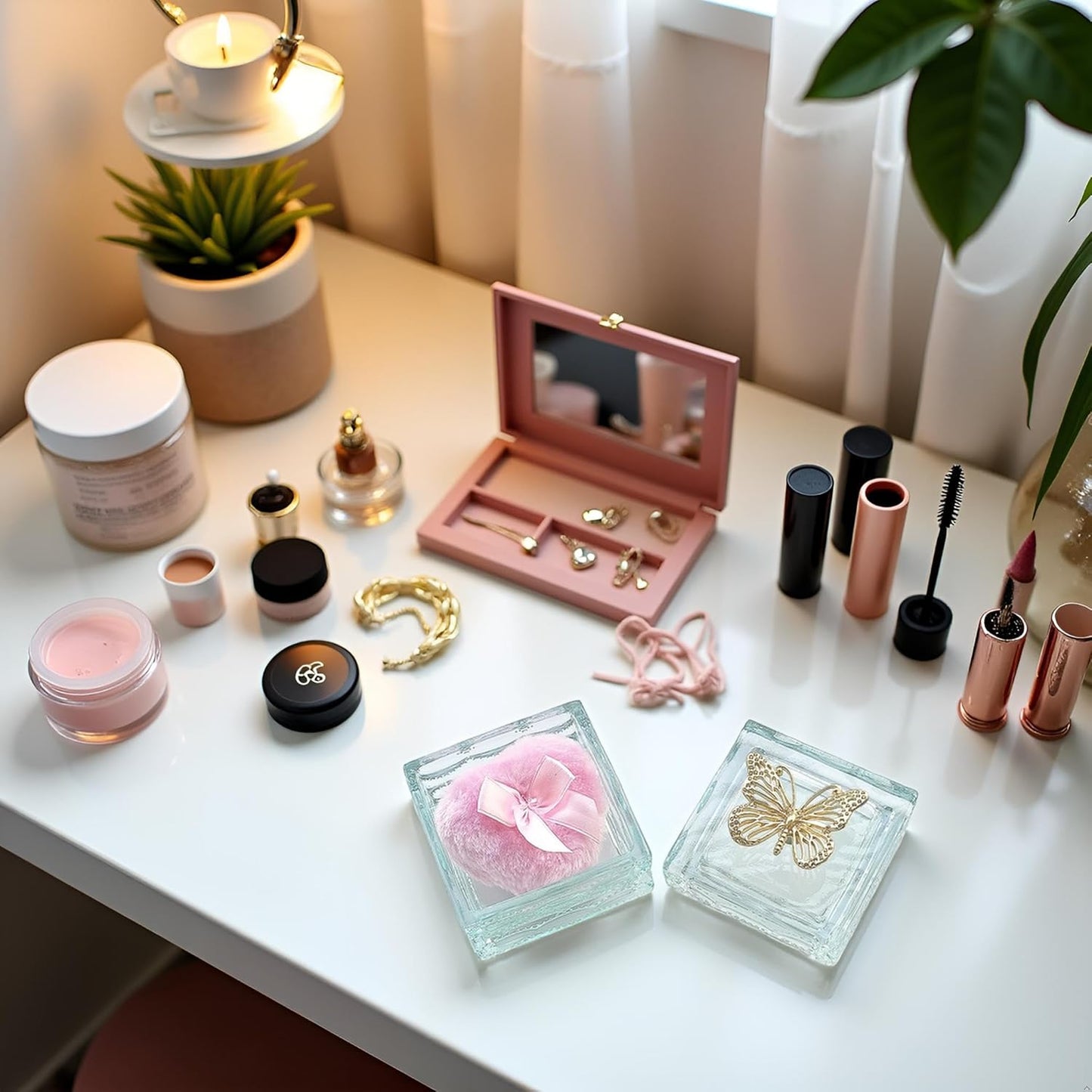 Body Powder Puff and Container - Glass Dusting Powder Container with Soft Puffs Vintage Powder Puff Case for Women & Girls (3.23x3.23x2.95 H IN) - GRB016-Light Green