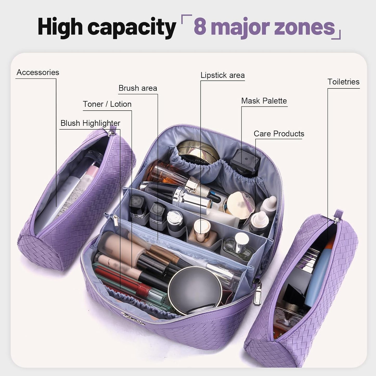 BOYATU Travel Makeup Bag Cosmetic Bags for Women: Large Capacity 3 Pcs Set Make up Bag with Compartments - Waterproof Vegan Leather Toiletry Organizer Bags with Handle - Travel Essentials(L01 Purple)