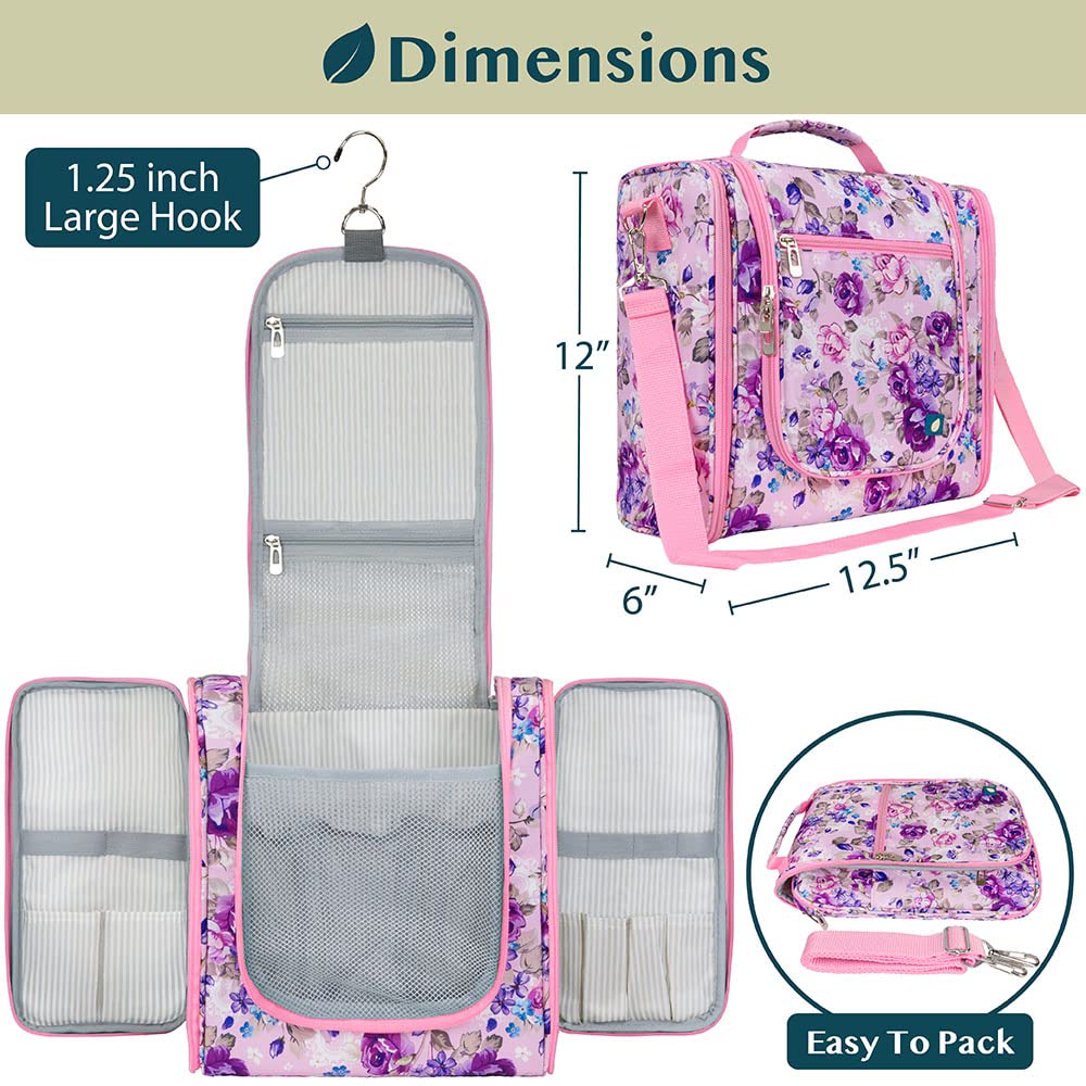 PAVILIA Extra Large Toiletry Bag Travel Bag for Women Men, Hanging Cosmetic Organizer, Water Resistant Makeup Bag for Accessories Toiletries, Travel Essentials Kit (Floral Pink)