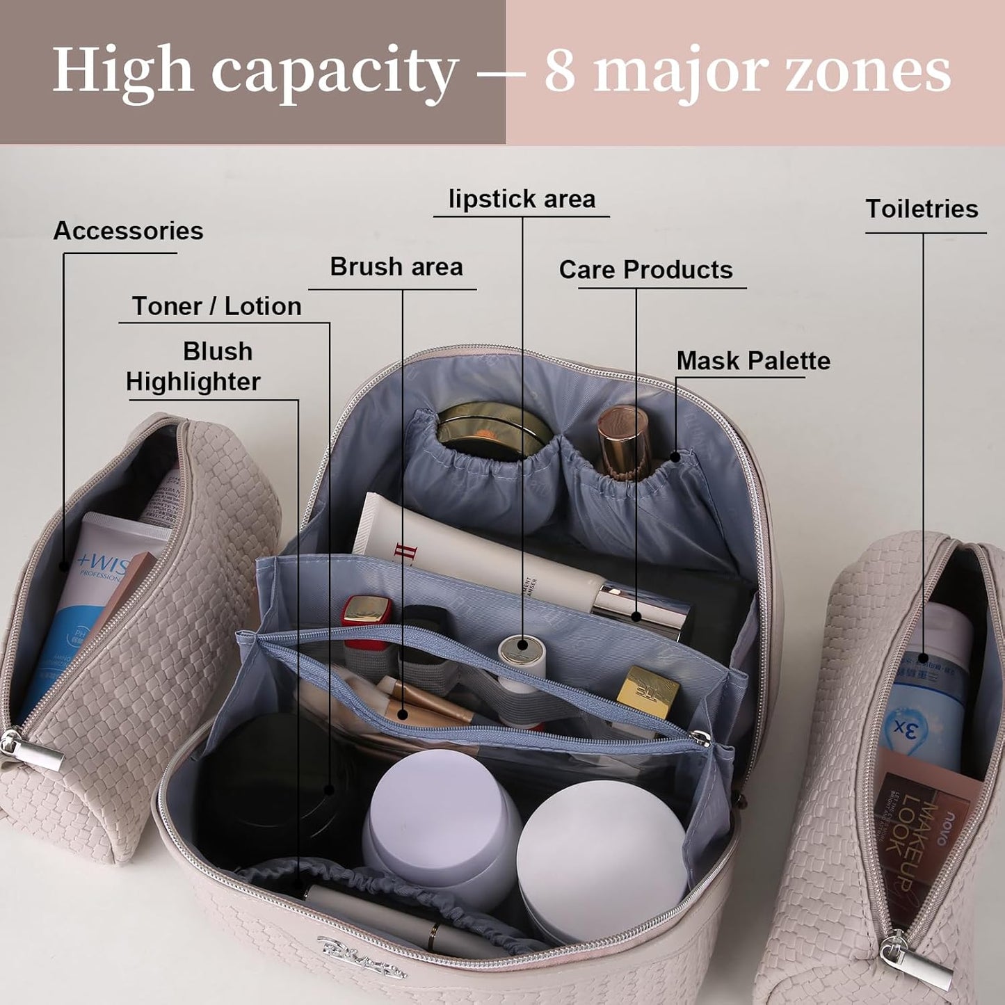 BOYATU Travel Makeup Bags for Women: Large Makeup Organizer - 3 Pcs Make up Bags Set - Vegan Leather Cosmetic Bag with Protable Handle & Divider (L18 Beige)