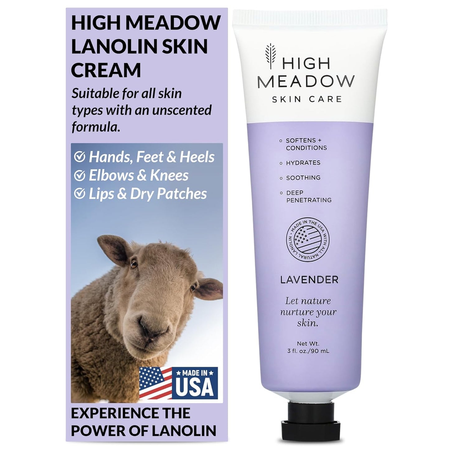 High Meadow Lanolin Skin Cream - Deep Hydration Formula for Soft, Radiant Skin Care - Repairs Dry and Cracked Skin on Hands, Feet & Elbows - Multi-Purpose Soothing Lotion - 3.0 Oz Lavender Moisturizer
