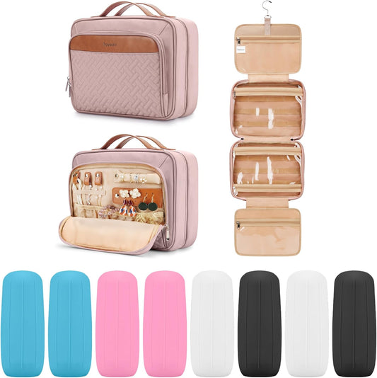 Travel Hanging Toiletry Bag for Women and Men, with 8 Leak Proofing Silicone Bottle Covers, Waterproof Makeup Accessories, Cosmetic Essentials, Cruise Ship Toiletries Bag with Jewelry Organizer, Pink
