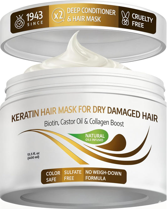 VITAMINS hair cosmetics Keratin Hair Mask - Protein Repair Keratin Treatment - Deep Conditioner for Dry, Damaged, Curly, Straight & Frizzy Hair with Biotin, Collagen & Castor Oil - 13.5 Fl Oz