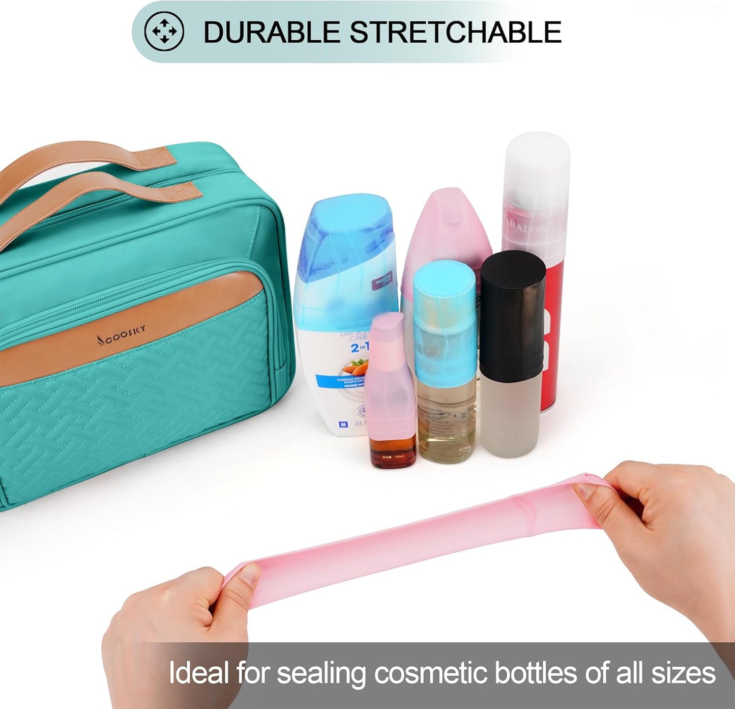 Travel Hanging Toiletry Bag for Women, Large Makeup Bag 8 Leak Proofing Silicone Bottle Covers, Waterproof Cosmetic Bag with Jewelry Organizer Compartment, Toiletries Kit Set, Blue