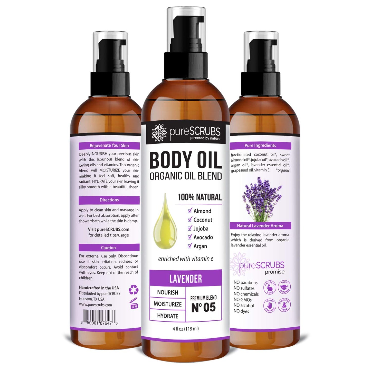 pureSCRUBS Ultra Moisturizing Lavender Body Oil Spray for Dry Skin, Massage, Cuticles & More, Organic Blend of Jojoba, Argan, Coconut, Sweet Almond & Avocado Oils Enriched with Vitamin E, Lg 4oz