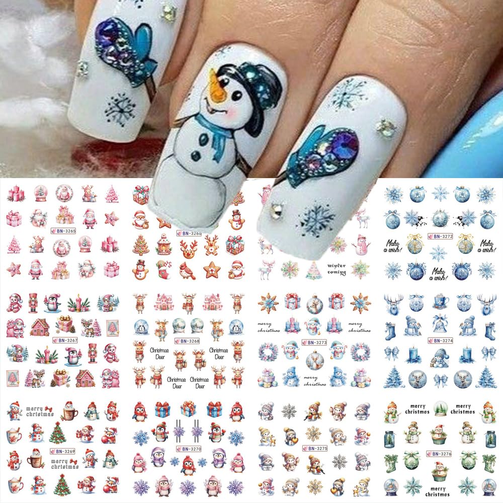 12 Sheets Christmas Nail Art Stickers Winter Snowflake Snowman Water Transfer Nail Decals Xmas Tree Santa Claus Penguin Gingerbread Man Design Acrylic Nail Foils for Women Kids DIY Holiday Nail Decor