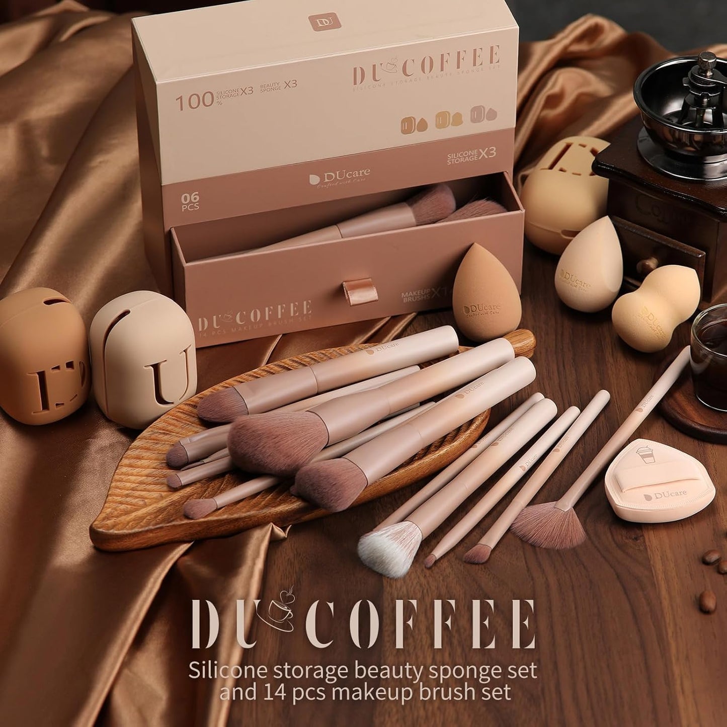 DUcare Makeup Brushes Set 14Pcs Coffee Series Makeup Brush set with Makeup Sponges Gifts Foundation Blending Face Powder Blush Eye Shadows Brushes