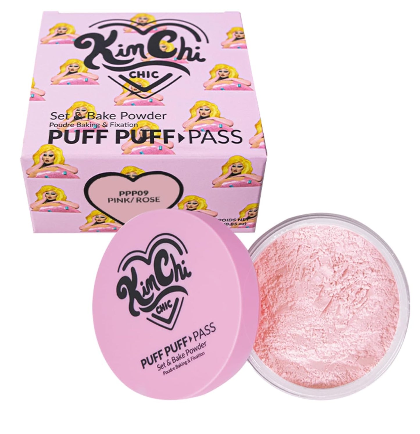 Kimchi Chic Beauty Puff Puff Pass Set and Bake Setting Powder for Makeup, Extra Fluffy Loose Face Powder Poof, Soft Natural Face Makeup for Uneven Skin Tone, 09 Pink