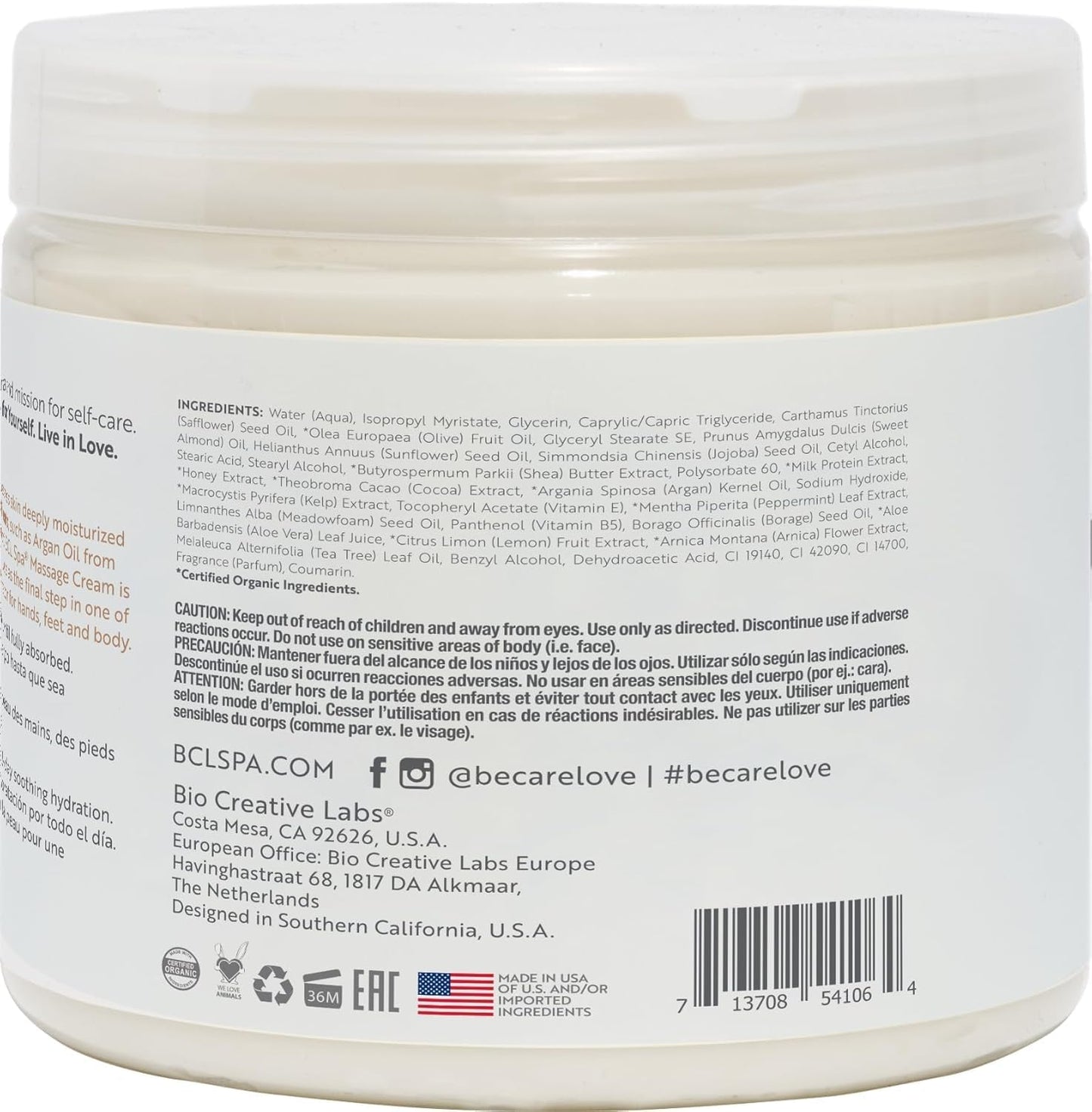 BCL SPA Massage Cream Organic Milk & Honey with White Chocolate Body Lotion, Shea Butter, Aloe Vera, Arnica, Peppermint, Kelp, Tea Tree, Olive, Argan, and Jojoba Oils, Home/Professional Use, 16 fl oz