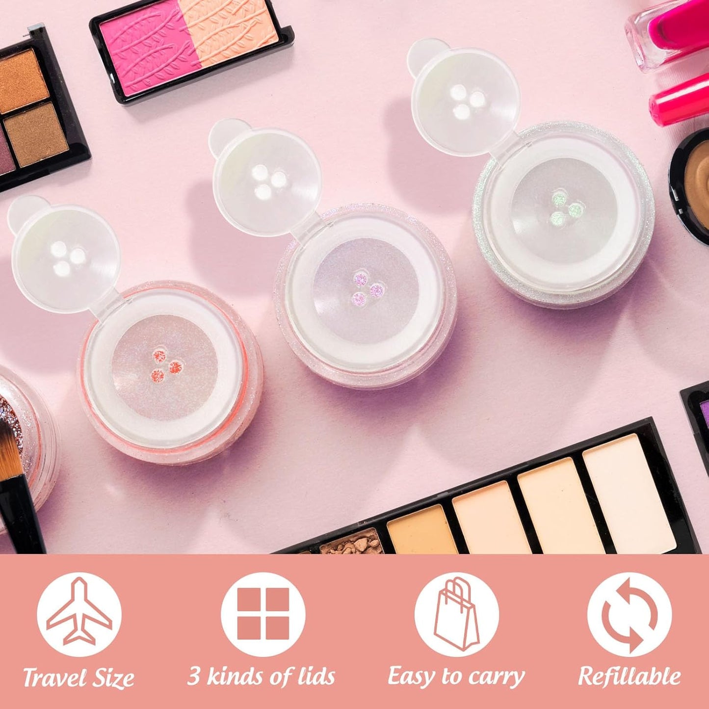 RAYNAG 6 Pieces Mini Empty Loose Powder Bottle, Travel Size Glitter Containers Eye Shadow Powder Shaker Bottle with Sifter and Lids (3 hole)