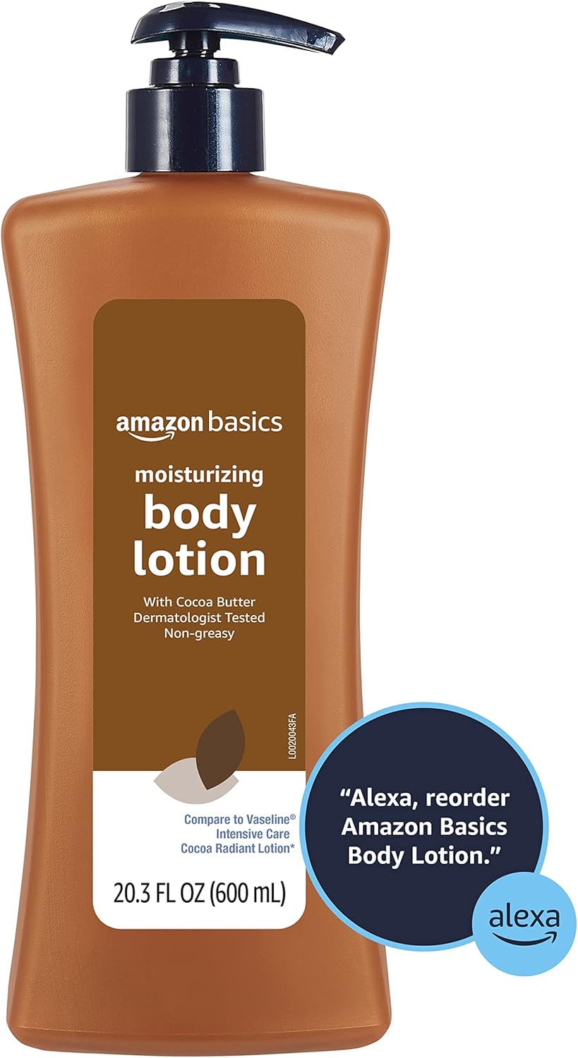 Amazon Basics Moisturizing Cocoa Butter Body Lotion for Dry Skin, Non-Greasy, Paraben Free, Lightly Scented, 20.3 Fl Oz, Pack of 1