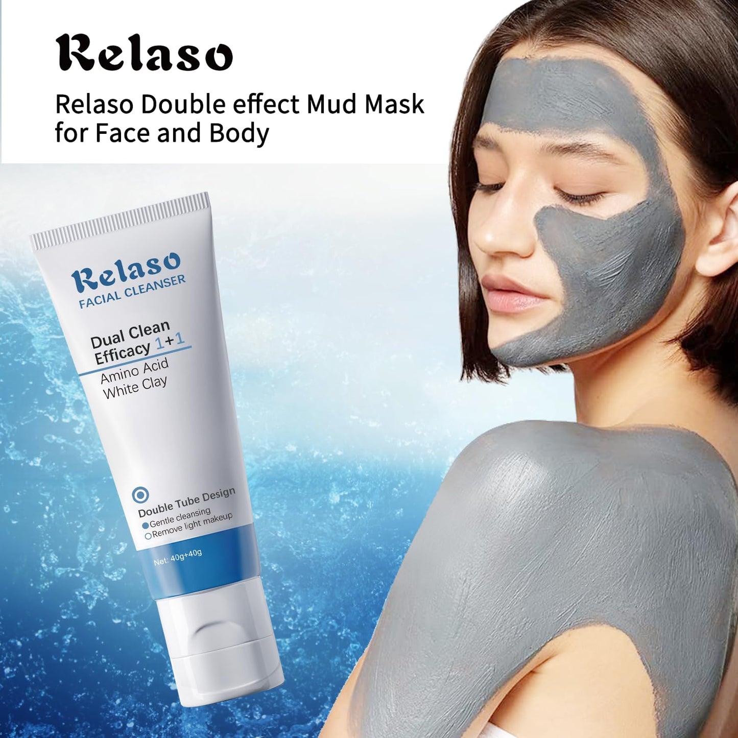 Clay Mask, Double effect Mud Mask for Face and Body, Spa Quality Pore Reducer for Acne, Blackheads & Oily Skin Deep Clean for All Skin Type,Natural Vegan Skincare,Tightens Skin & Exfoliate.