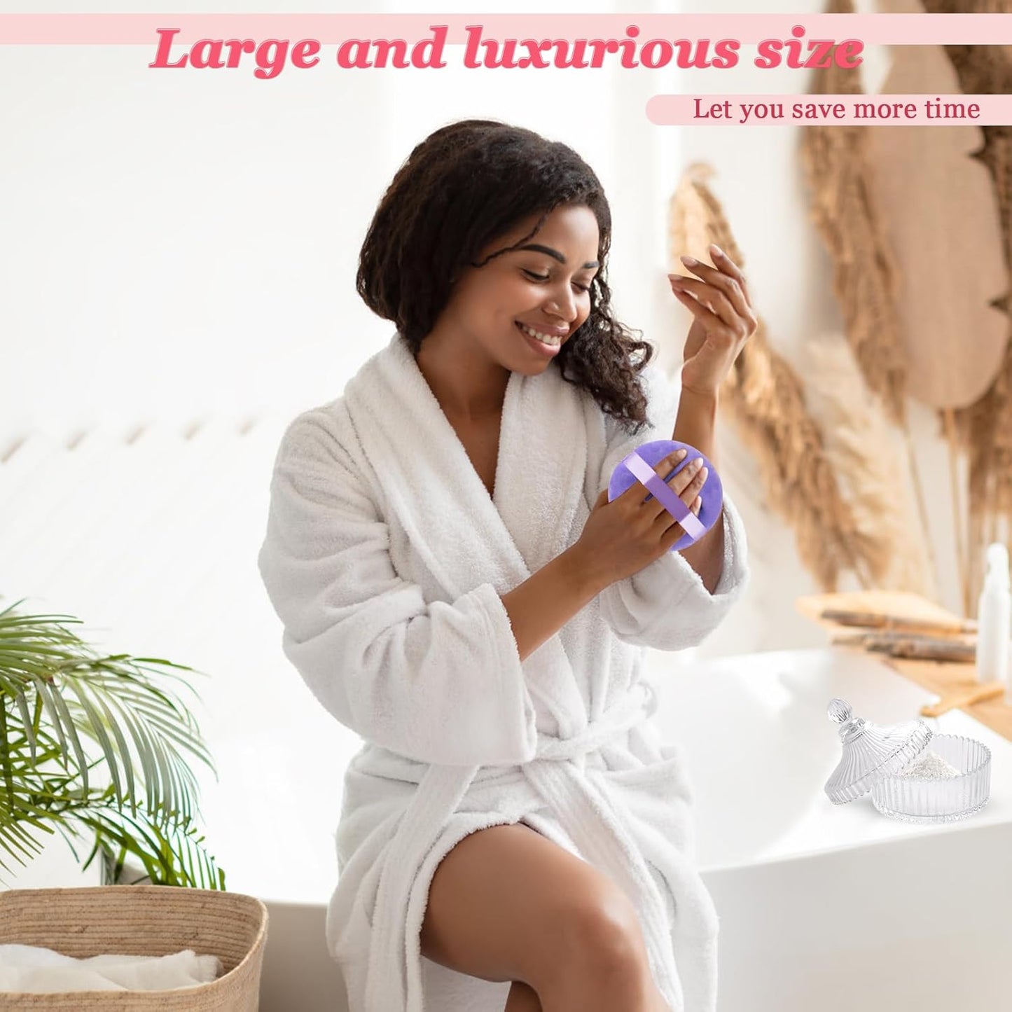 2Pcs Extra Large Body Powder Puff & Luxury 6" Glass Jar Dusting Powder Container with Puff for Women Bath Powder Puffs Perfect for Talcum or Loose Powder (Light Purple)