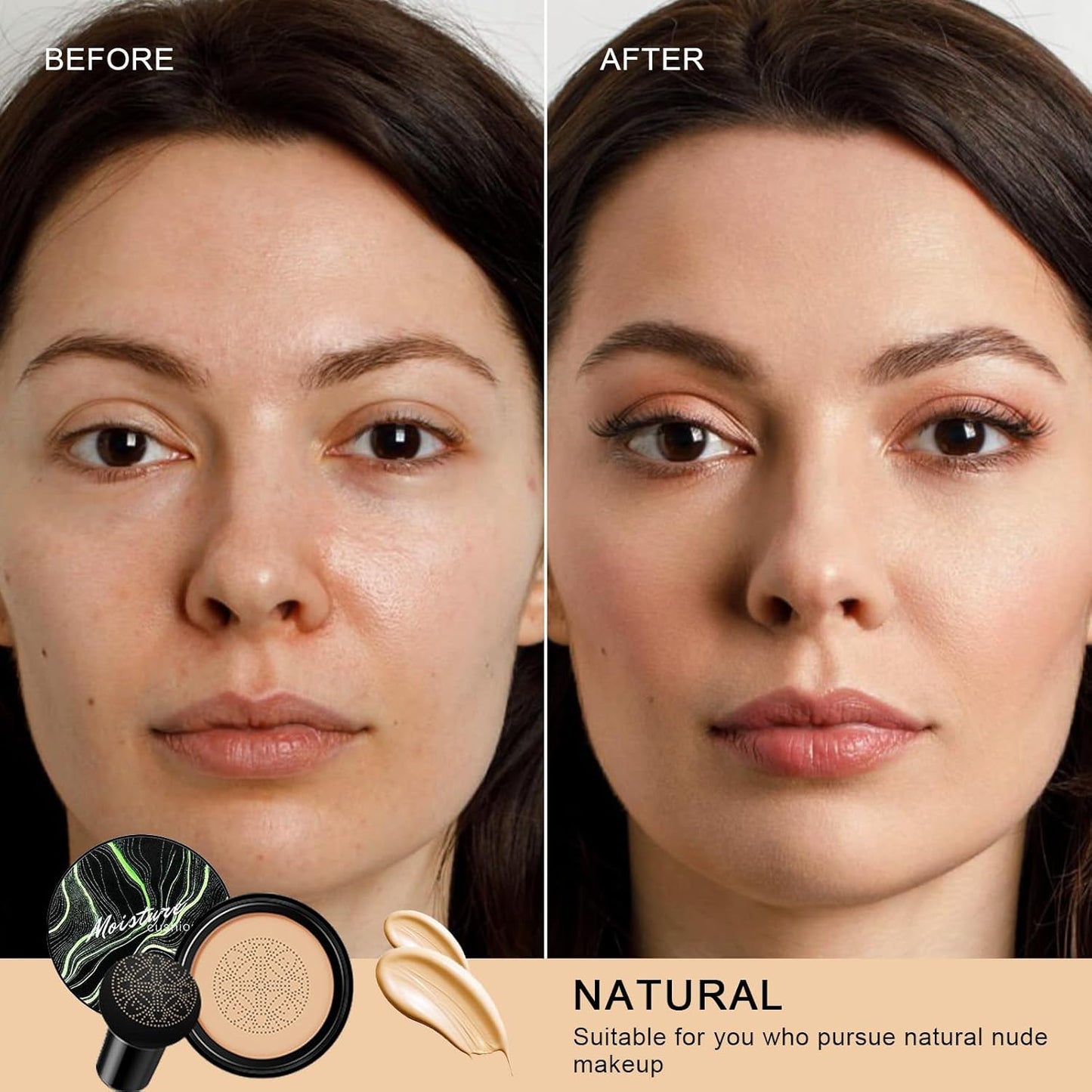 Mushroom Head Air Cushion CC Cream - BB Cream Face Makeup for Mature Skin, Moisturizing Cover Balm Foundation & Long-Lasting Color Correcting Concealer, Even Skin Tone for All Skin Types (Natural)