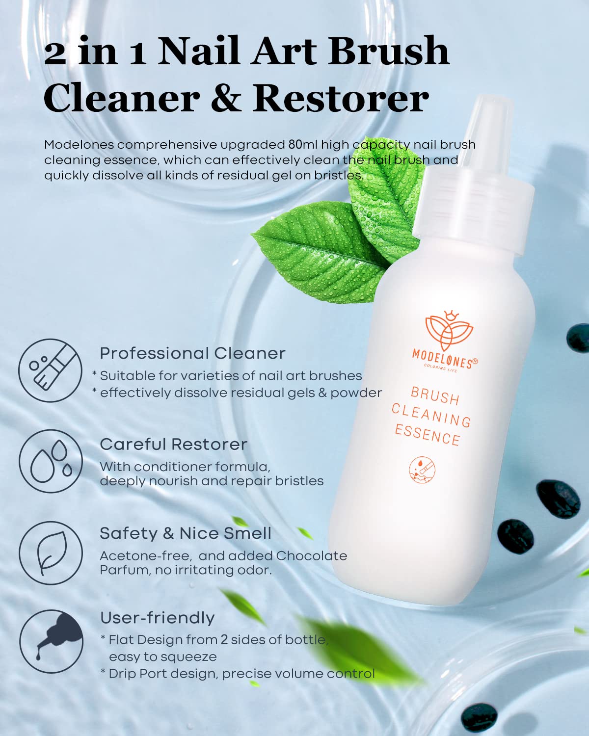 Modelones Nail Art Brush Cleaner & Restorer for Nail Polish/Extension Gel/Solid Builder Gel/Dip Powder/Acrylic Manicure Kits DIY Salon at Home - 80ml, W/Pro Brush