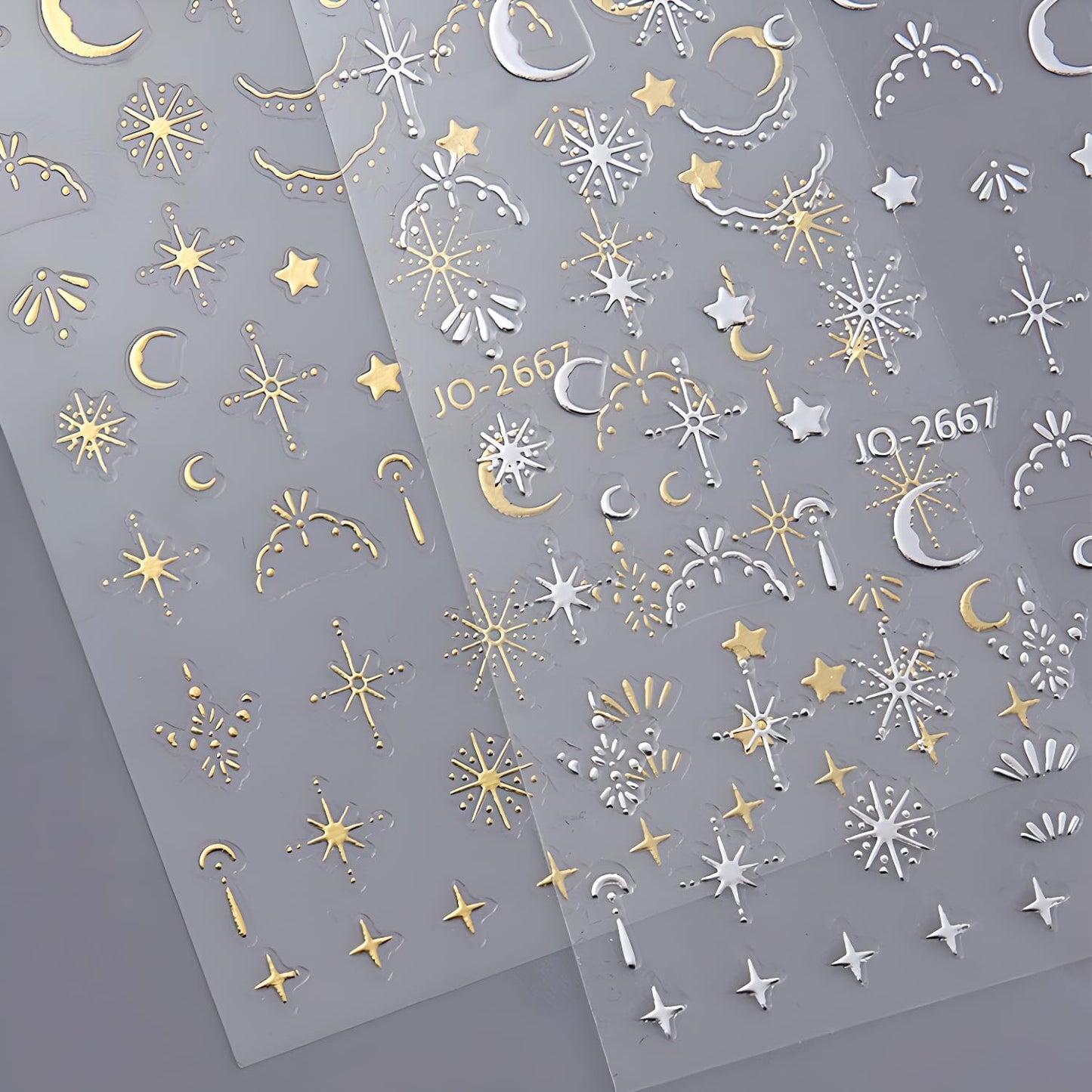 12 Sheets Silver Gold Moon Star Nail Art Stickers - 3D Self Adhesive Decals for Design and Decoration - Supplies Accessories for Women