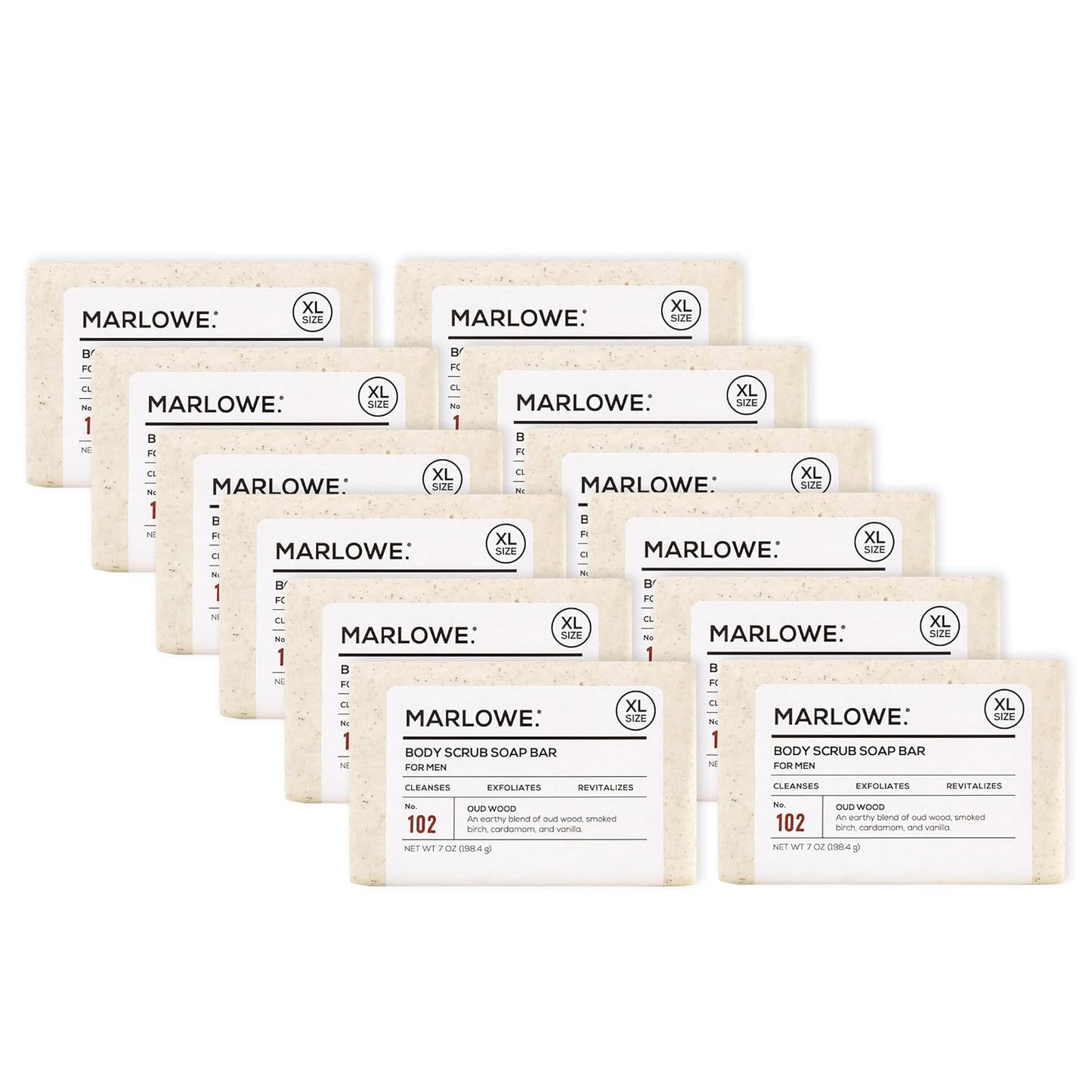 MARLOWE. No. 102 Body Scrub Soap 7 oz (12 Bars), Oud Wood, Exfoliating Soap Bar with Shea Butter, Olive Oil & Green Tea Extracts, Cleanses, Smooths & Revitalizes Skin, Earthy & Smoky Scent