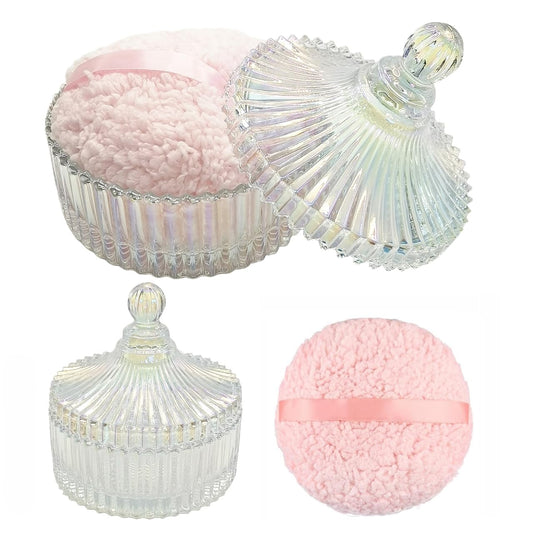 Extra Large Body Powder Puff and Container - Vintage Glass Dusting Powder Container with Soft Puff for Women & Girls (5.9x5.9x5.9 IN)-GRB010-Colorful-B