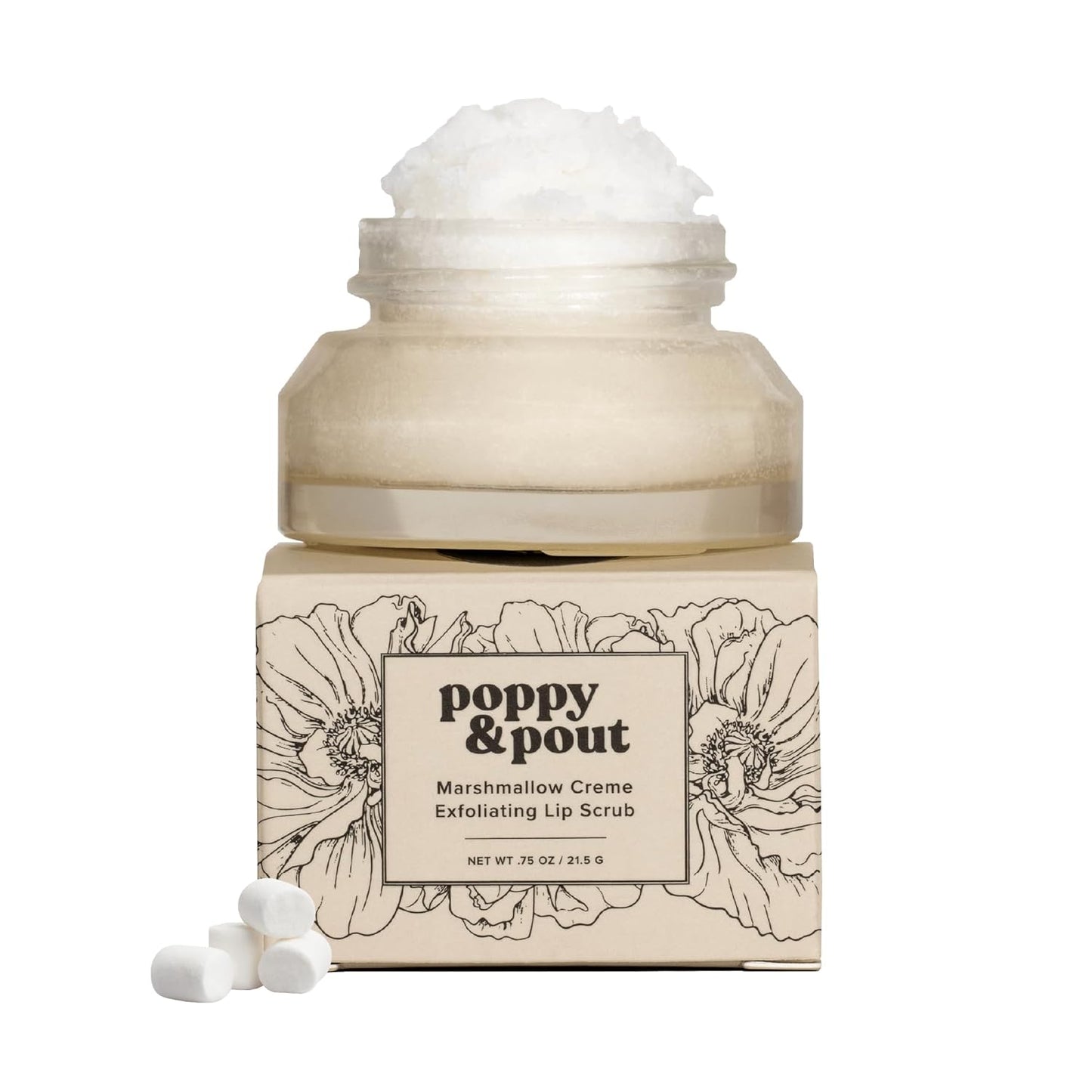 Poppy & Pout Natural Lip Scrub, Moisturizing Sugar Scrub for Dry Lips, Lip Scrubber Exfoliator with Essential Oils Smooths and Hydrates Lips, In Recyclable Glass Jars, Cruelty Free - Marshmallow Creme