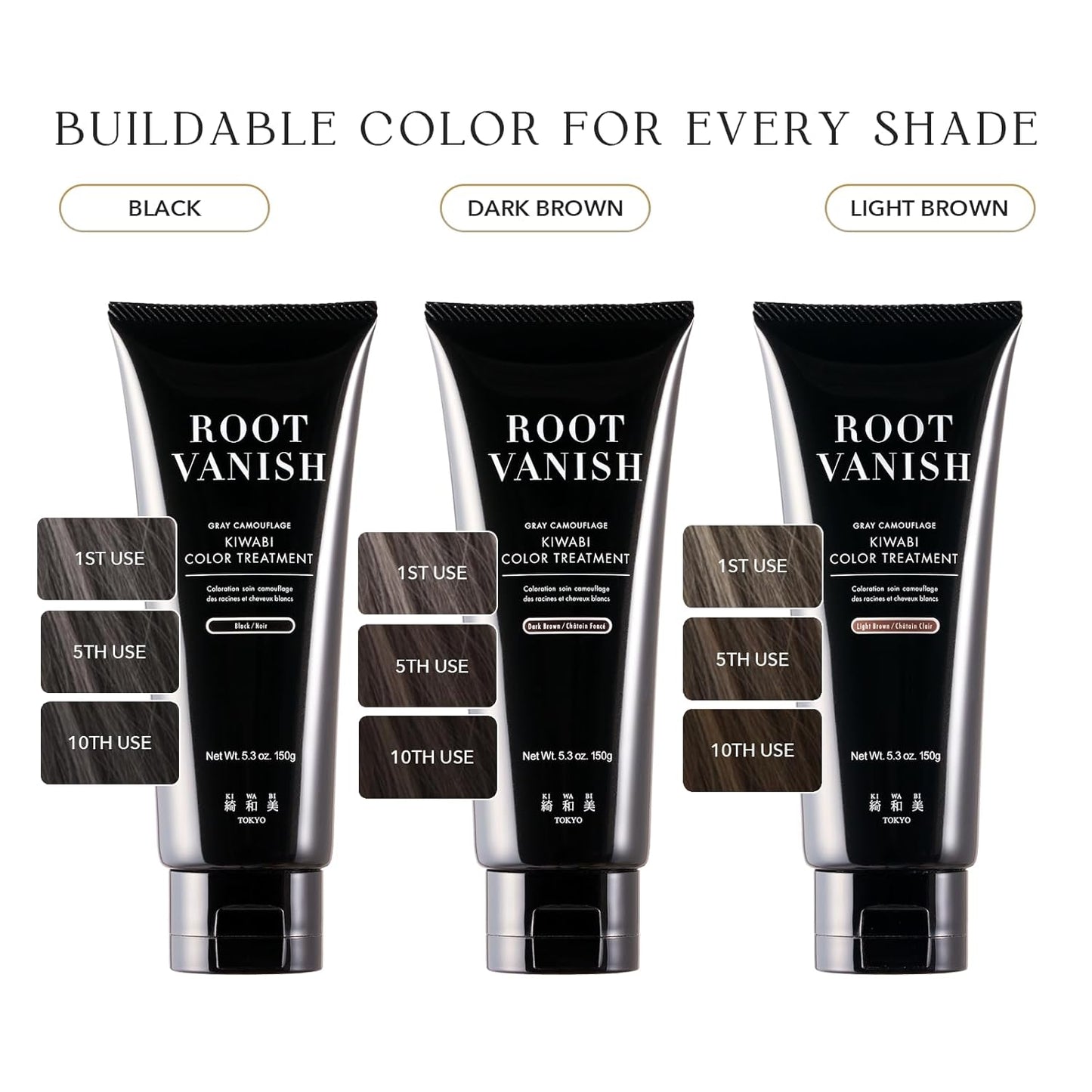 KIWABI Root Vanish Color Treatment in Light Brown Instantly Camouflages Gray Roots and Hair with Natural Anti-Aging Botanicals (150g, Paraben Free, Gray)