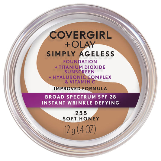 COVERGIRL Simply Ageless Instant Wrinkle Defying Foundation, SPF 28, Hyaluronic Complex & Vitamin C - 255 Soft Honey, Pack of 1
